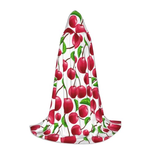 BJNGHKLN Halloween Bodenlanger Kapuzenumhang mit rotem Kirschenaufdruck, langer Kapuzenumhang für Teenager von BJNGHKLN