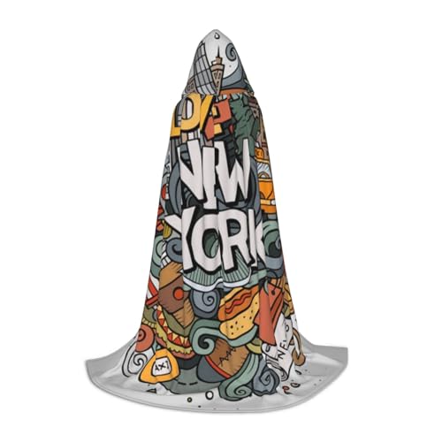 BJNGHKLN Halloween-Umhang mit Kapuze, bodenlang, Cartoon, niedliches New York, amerikanisches Thema, Kunstdruck, langer Kapuzenumhang für Teenager von BJNGHKLN