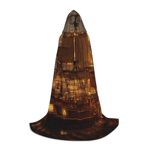 BJNGHKLN Halloween-Umhang mit Kapuze, bodenlang, Fantasie-Piratenschiff-Druck, langer Kapuzenumhang für Teenager von BJNGHKLN