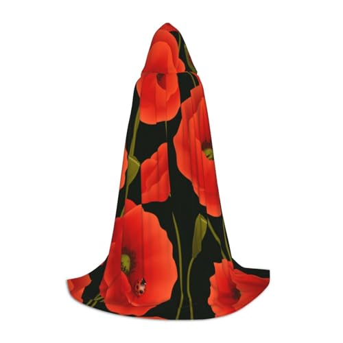 BJNGHKLN Halloween-Umhang mit Kapuze, bodenlang, Mohnblumen-Druck, langer Kapuzenumhang für Teenager von BJNGHKLN