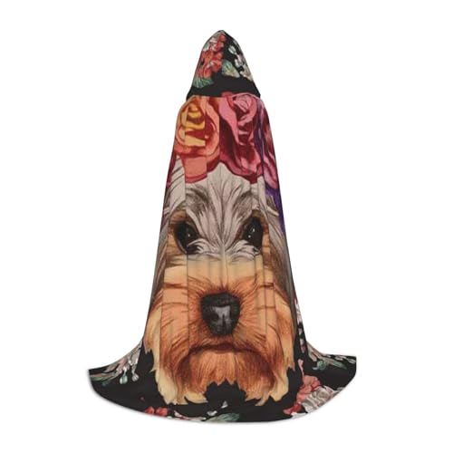 BJNGHKLN Halloween-Umhang mit Kapuze, bodenlang, Yorkie-Hund, Blumendruck, langer Kapuzenumhang für Teenager von BJNGHKLN