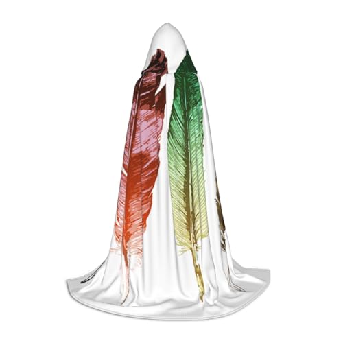 BJNGHKLN Halloween-Umhang mit Kapuze, bodenlang, bunt, handgezeichnete Federn auf weißem Druck, langer Kapuzenumhang für Teenager BJNGHKLN Halloween-Umhang mit Kapuze, bodenlang, bunt, handgezeichnete Federn auf weißem Druck, langer Kapuzenumhang für Teenager von BJNGHKLN