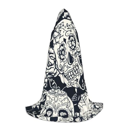 BJNGHKLN Halloween-Umhang mit Kapuze, bodenlang, floraler Totenkopf-Druck, langer Kapuzenumhang für Teenager von BJNGHKLN