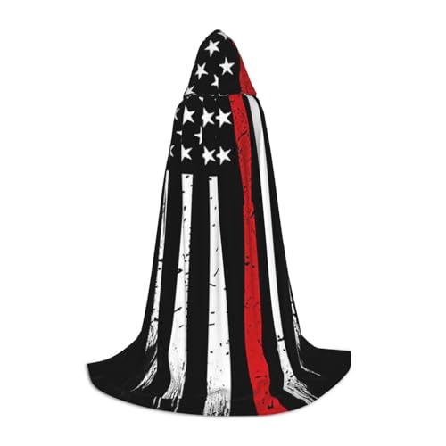 BJNGHKLN Halloween-Umhang mit Kapuze, bodenlang, rote Linie, Feuerwehrmann, USA-Flagge, langer Kapuzenumhang für Teenager von BJNGHKLN