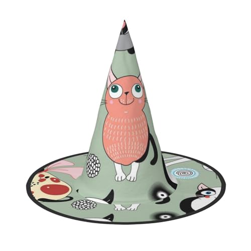 BJNGHKLN Hübscher Cartoon-Katzen-Druck, Halloween-Hexenhut für Damen, Partyhut für Halloween, Feste, Cosplay, Kostüm-Ensemble BJNGHKLN Hübscher Cartoon-Katzen-Druck, Halloween-Hexenhut für Damen, Partyhut für Halloween, Feste, Cosplay, Kostüm-Ensemble von BJNGHKLN