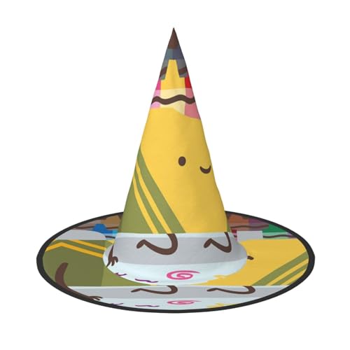 BJNGHKLN Niedlicher Buntstifte, Box-Druck, Halloween-Hexenhut für Damen, Partyhut für Halloween, Feste, Cosplay, Kostüm, Ensemble von BJNGHKLN
