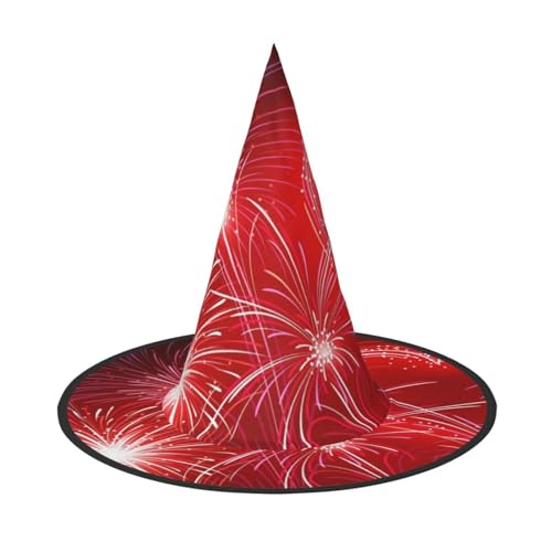 BJNGHKLN Rote Herzen Feuerwerk Druck Halloween Hexenhut für Frauen Party Hut für Halloween Festlichkeiten Cosplay Kostüm Ensemble von BJNGHKLN