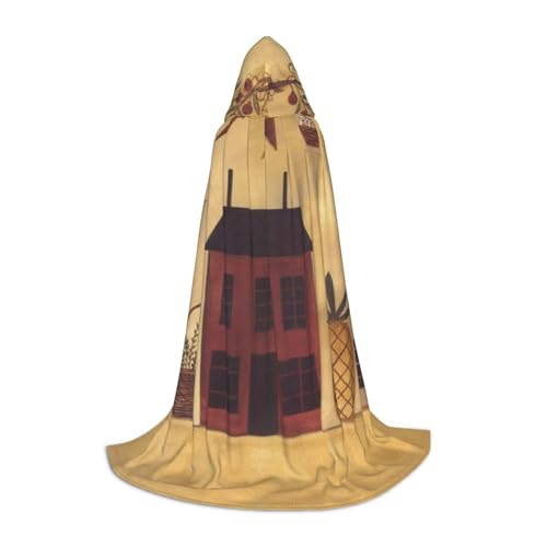 Halloween-Umhang mit Kapuze, bodenlang, Beige / Braun, Haus- und Obstdruck, langer Kapuzenumhang für Teenager von BJNGHKLN