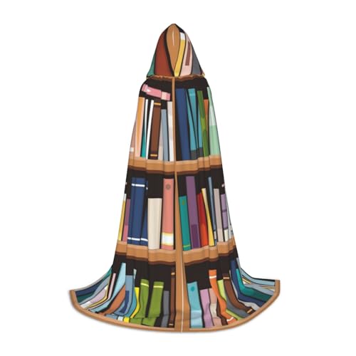 Halloween-Umhang mit Kapuze, bodenlang, Bibliothek, Bücherregal, Druck, langer Kapuzenumhang für Teenager von BJNGHKLN
