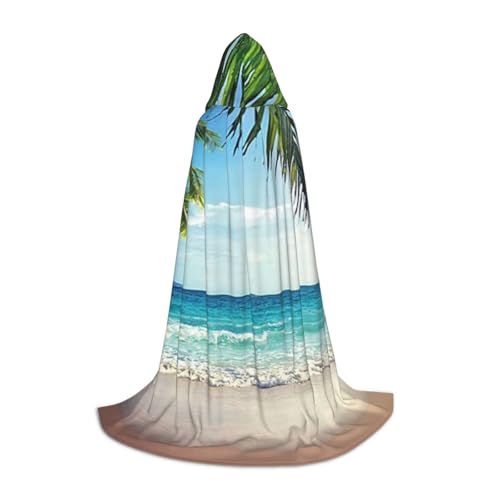 Halloween-Umhang mit Kapuze, bodenlang, tropische Palme, Hawaii-Stranddruck, langer Kapuzenumhang für Teenager von BJNGHKLN