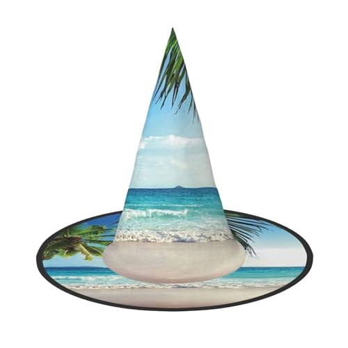 Hexenhut mit tropischer Palme, Hawaii-Stranddruck, Halloween-Hexenhut für Damen, Partyhut für Halloween, Feste, Cosplay, Kostüm-Ensemble von BJNGHKLN
