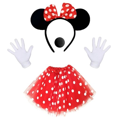 BJPERFMS Minnie Mouse Kostüm Damen, Minnie Maus Kostüm Set, Rot Tutu Mit Weiß Gepunktet, Haarreifen Mit Minnie Maus Ohren, Handschuhe, Nase, Mini Maus Kostüm Erwachsene für Karneval Cosplay Fasching von BJPERFMS