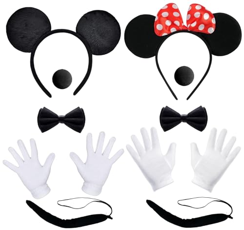 Minnie Kostüm Damen, 10 Stück Maus Ohren Kostüm Set, Maus Ohren, Mickey Haarreifen mit Mouse Ohren, Haarreifen + Handschuhe + Nase + Fliege Schleife, Mini Maus Kostüm Erwachsene, für Cosplay Party von BJPERFMS