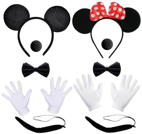 Minnie Kostüm Damen, 10 Stück Maus Ohren Kostüm Set, Maus Ohren, Mickey Haarreifen mit Mouse Ohren, Haarreifen + Handschuhe + Nase + Fliege Schleife, Mini Maus Kostüm Erwachsene, für Cosplay Party von BJPERFMS