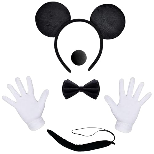 Minnie Kostüm Damen, 5 Stück Maus Ohren Kostüm Set, Maus Ohren, Mickey Haarreifen mit Mouse Ohren, Haarreifen + Handschuhe + Nase + Fliege Schleife, Mini Maus Kostüm Erwachsene, für Cosplay Party von BJPERFMS