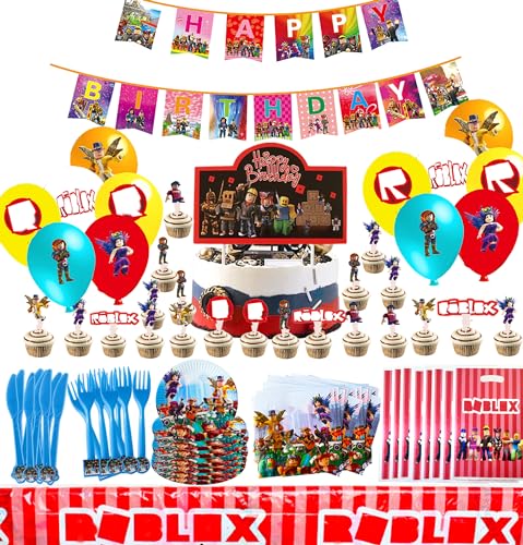 Roblox Geburtstag Deko, 102pcs Roblox Geburtstag Partygeschirr Set, inklusive Banner Tischdecke Tellern Tassen Servietten Ballons, Roblox Geburtstagsdekoration für Kinder für 10 Gäste von BJPERFMS