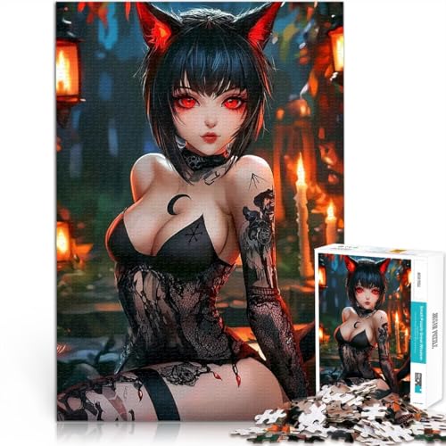 1000 Teenager-Teile-Puzzle Anime-Katzenmädchen in schwarzer Spitze Stressabbau-Spielzeug Tolle Geschenke und Spielzeuge 50x70cm von BKDNNUJR