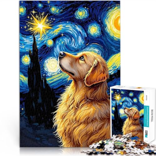 1000-Teile-Puzzle für Erwachsene Golden Retriever Sternennacht Lernspiel-Herausforderungsspielzeug Perfekte Dekoration 26x38cm von BKDNNUJR