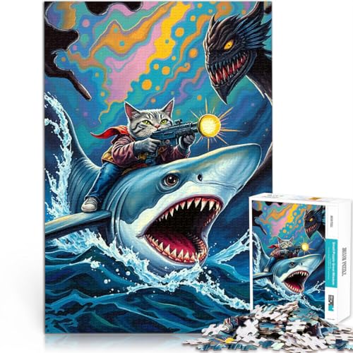 1000-Teile-Puzzle für Erwachsene Katze mit Gewehren reitet auf Hai Quizspiel eignet ganze Familie 26x38cm von BKDNNUJR