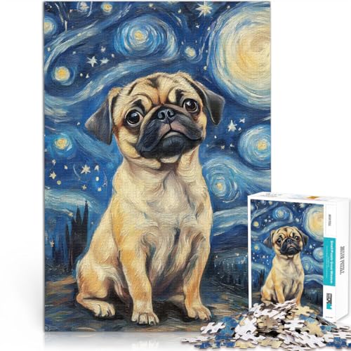 1000-Teile-Puzzle für Erwachsene Mops in der Sternennacht für Lernspiel-Herausforderungsspielzeug Wichtelgeschenke 50x70cm von BKDNNUJR