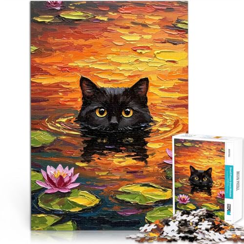 1000-Teile-Puzzle für Teenager Schwarze Katze in Seerosen Spielzeug für die ganze Familie Tolle Geschenke und Spielzeuge 26x38cm von BKDNNUJR
