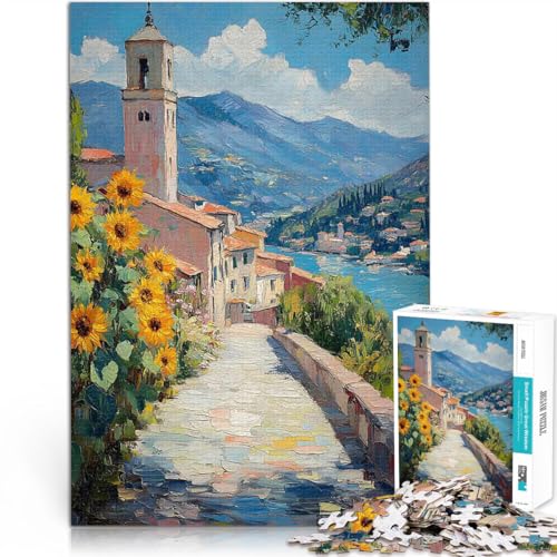 1000-teilige Puzzles für Erwachsene Sonnenblumen am See für Lernspiel-Herausforderungsspielzeug mit passendem Poster und Quizblatt 50x70cm von BKDNNUJR
