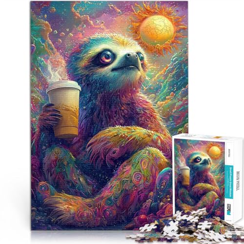 1000-teilige Puzzles für Teenager Faultier mit Kaffee in Psychedelischer Landschaft Intellektuelles Spiel für Heimdekoration 50x70cm von BKDNNUJR