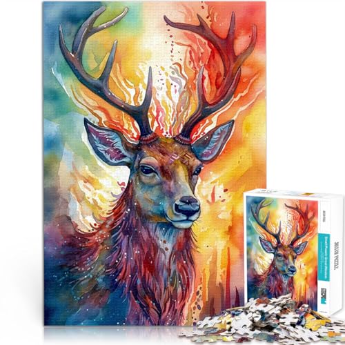 1000-teilige Puzzles für Teenager Hirsch Aquarelle bunt Dekomprimierendes intellektuelles Lernspielzeug für Heimdekoration 26x38cm von BKDNNUJR