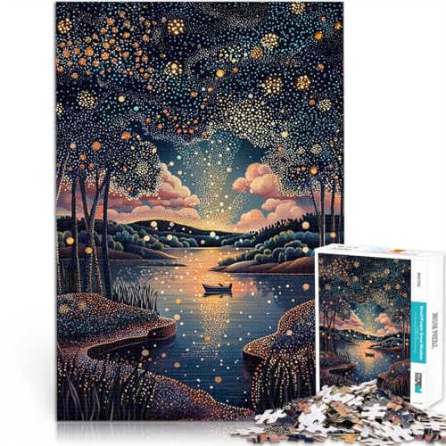 1000-teiliges Puzzle für Erwachsene Sternennacht-Fluss im pointillistischen Stil Quizspiel mit passendem Poster und Quizblatt 50x70cm von BKDNNUJR