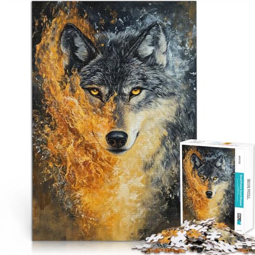 1000-teiliges Puzzle für Erwachsene Wolf in Flammen Trainieren Sie Ihr Gehirn und Ihre Hände Einzigartige Geburtstags- und Geschenkideen 26x38cm von BKDNNUJR