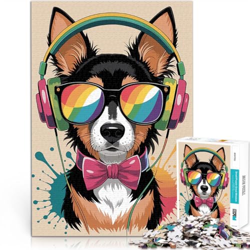 1000-teiliges Puzzle für Teenager Hund mit Kopfhörern und Regenbogenbrille Spiele Spielzeug Geschenk Tolles Geschenk für Spiele 26x38cm von BKDNNUJR