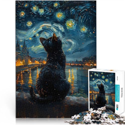 1000-teiliges Puzzle für Teenager Katze in der sternenklaren Nacht Denkspiel Lustige Aktivitäten für zu Hause, Geburtstagsgeschenk, Reisegeschenk, 26x38cm von BKDNNUJR