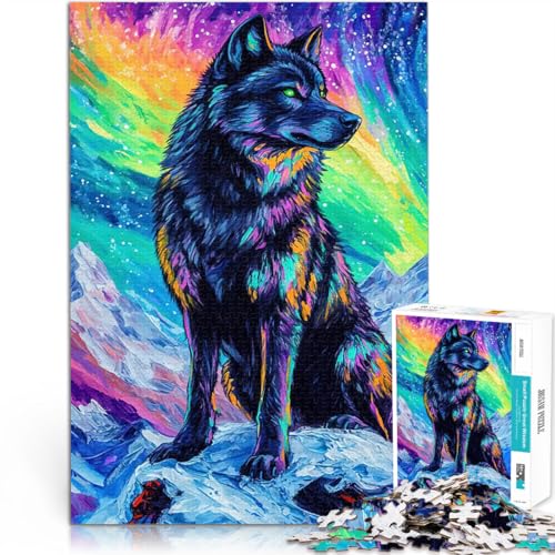 1000-teiliges Puzzle für Teenager Wolf unter Aurora Borealis Dekomprimierendes intellektuelles Lernspielzeug Perfekte Dekoration 26x38cm von BKDNNUJR