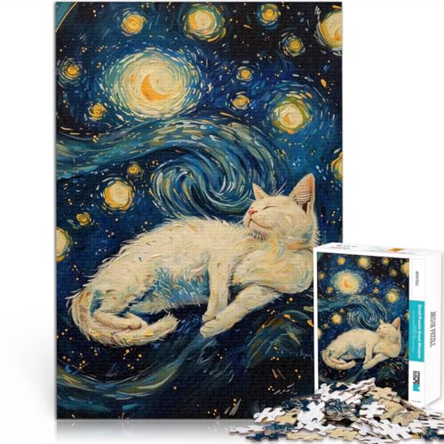 1000-teiliges Teenager-Puzzle Sternennacht Weiße Katze Spielzeug Lernspiele Stressabbau Einzigartige Wohndekoration und Geschenke 50x70cm von BKDNNUJR