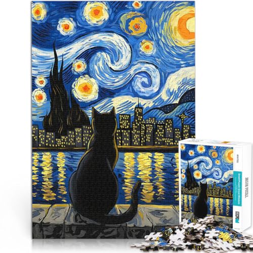 Puzzle 1000 Teile für Erwachsene Katze unter Sternennacht Lernspiel-Herausforderungsspielzeug Geburtstagsgeschenk, Geschenke, Wandkunst 26x38cm von BKDNNUJR