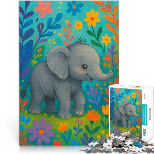 Puzzle 1000 Teile für Erwachsene Niedliches Elefantenbaby im Blumengarten Lernspiele Heimdekoration Perfekte Dekoration 50x70cm von BKDNNUJR