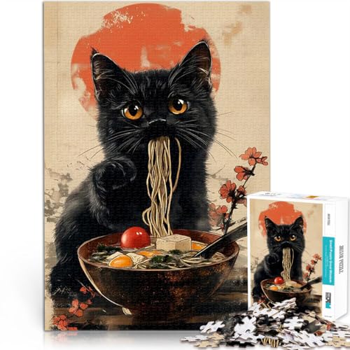 Puzzle 1000 Teile für Erwachsene Schwarze Katze isst Ramen Dekomprimierendes intellektuelles Lernspielzeug Lustiges Geschenk 50x70cm von BKDNNUJR