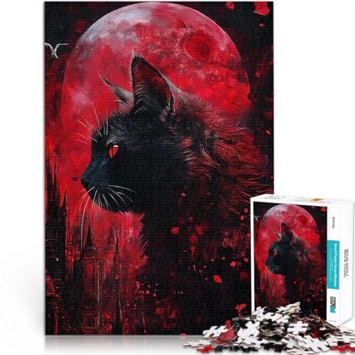 Puzzle 1000 Teile für Erwachsene Schwarze Katze unter Blutmond Anspruchsvolles Spiel und Familienspaß Tolles Geschenk für Spiele 26x38cm von BKDNNUJR