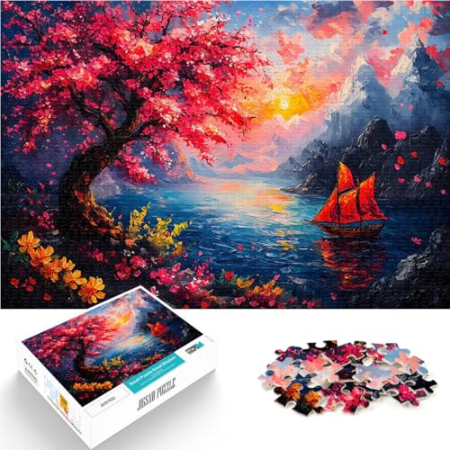 Puzzle 1000 Teile für Erwachsene Sonnenuntergang Segelboot mit Kirschblüten Schwierig Schwer Tolle Geschenke und Spielzeuge 26x38cm von BKDNNUJR