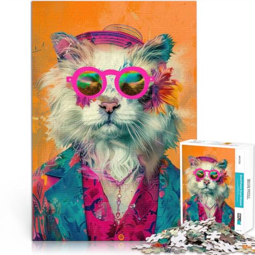 Puzzle für Erwachsene, 1000 Teile Hipster Katze Tier Mode lustige Spiele für die ganze Familie mit passendem Poster und Quizblatt 26x38cm von BKDNNUJR