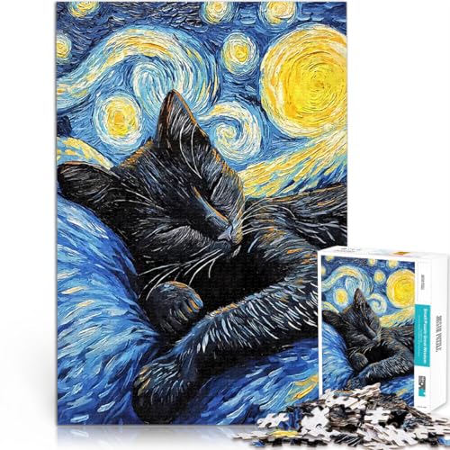 Puzzle für Erwachsene, 1000 Teile Schwarze Katze schläft in der Nacht Staycation: Zeit totschlagen Heimdekoration 50x70cm von BKDNNUJR