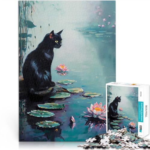 Puzzle für Erwachsene 1000 Teile Süße Katze an einem Teich Dekomprimierendes intellektuelles Lernspielzeug für Heimdekoration 26x38cm von BKDNNUJR