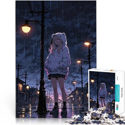 Puzzle für Jugendliche 1000 Teile Anime-Mädchen in regnerischer Nacht Quizspiel Jedes Stück ist einzigartig – Anspruchsvolles Familienspiel 50x70cm von BKDNNUJR