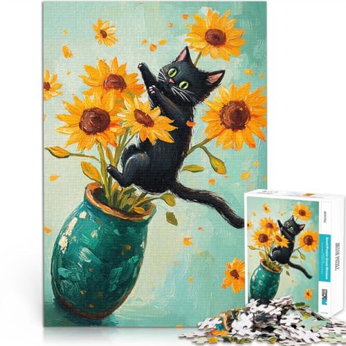 Puzzle für Jugendliche 1000 Teile Schwarze Katze und Sonnenblumen Lernspiele Heimdekoration Lernspiel für Geburtstag, Weihnachten 26x38cm von BKDNNUJR