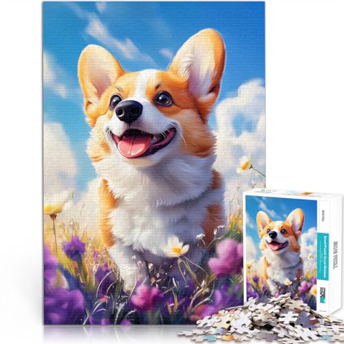Teenager 1000 Teile Puzzle Lächelnder walisischer Corgi in Blumen Denksportaufgabe für Die Liebe zwischen Paaren stärken 50x70cm von BKDNNUJR