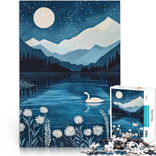 Teenager 1000 Teile Puzzle Mondbeschienener See mit Schwan, Blitzen, Sternen und Vollmond, schneebedeckten abstrakten Bergen und blühenden weißen Blumen am Seeufer 26x38cm Teenager 1000 Teile Puzzle Mondbeschienener See mit Schwan, Blitzen, Sternen und Vollmond, schneebedeckten abstrakten Bergen und blühenden weißen Blumen am Seeufer 26x38cm von BKDNNUJR