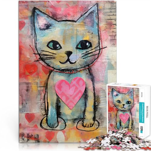 Teenager 1000 Teile Puzzle Valentinstag Katze mit liebevollem Herzen Mixed Media Denkspiel Geschenke für Freunde und Familie 50x70cm von BKDNNUJR