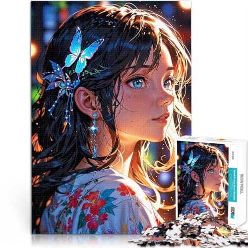 Teenager 1000-teiliges Puzzle Anime-Mädchen mit Schmetterlings-Haarspange Lernspiele Heimdekoration für Heimdekoration 26x38cm von BKDNNUJR