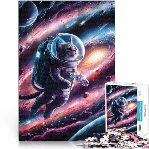 Teenager-Puzzle 1000 Teile Katze Astronaut Weltraum Herausforderndes Spielspielzeug mit vollständig ineinander greifenden, zufällig geformten Teilen 26x38cm von BKDNNUJR