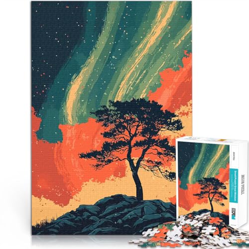 Teenager-Puzzles 1000 Teile Baum unter Aurora Borealis Minimalistische Kunst Lernspiele DIY Spielzeug Kunstwerk Geschenk 26x38cm von BKDNNUJR